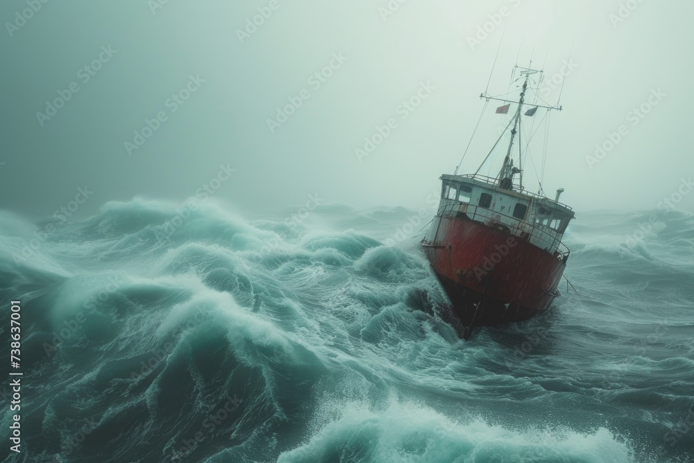 Poster a red boat navigating through the rough waves of the ocean. perfect for illustrating adventure and r