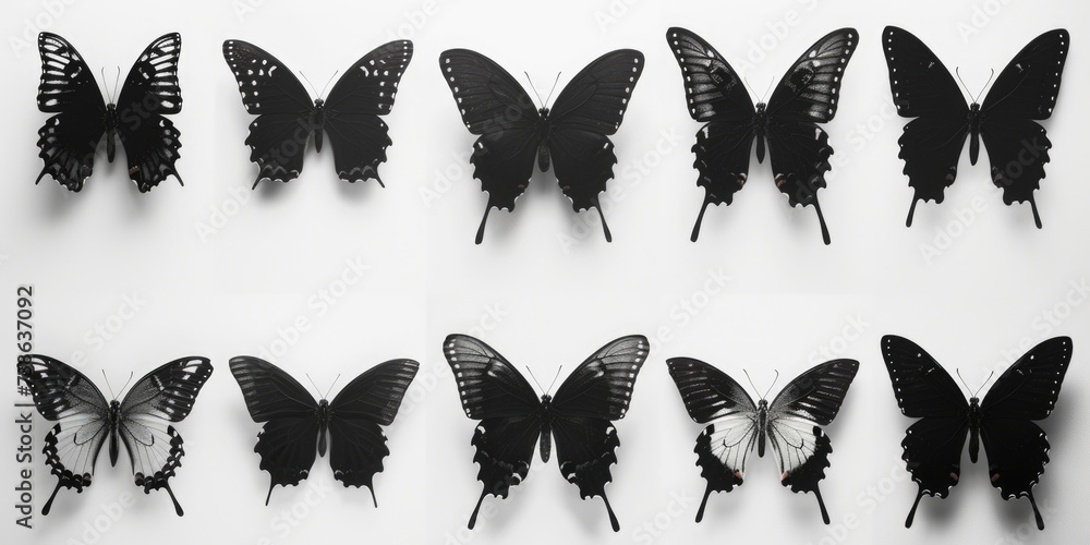 Poster black and white butterflies gathered on a wall. perfect for adding a touch of nature to any project 