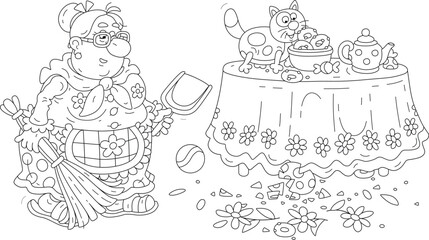 Funny granny with a broom and dustpan going to clean up fragments of a broken beautiful vase with flowers after a mischief of a sly cat in her kitchen, black and white vector cartoon illustration