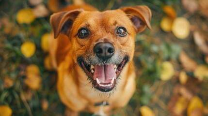 A brown dog standing on top of a lush green field. Suitable for pet-related themes or outdoor activities