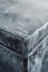 A close up view of a piece of ice on a table. This image can be used to depict the concept of coldness or as a background for winter-themed designs