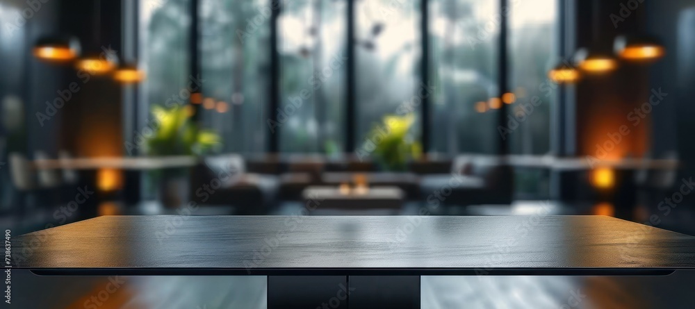 Poster empty wooden table in cafe setting ideal for product display featuring blurred bokeh background crea