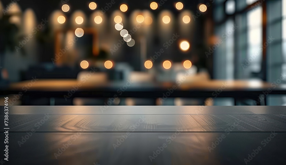 Poster empty wooden table in cafe setting ideal for product display featuring blurred bokeh background crea