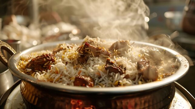 A steaming pot of biryani with fluffy rice, aromatic spices, and succulent pieces of meat