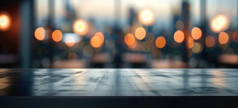 Empty wooden table in cafe setting ideal for product display featuring blurred bokeh background creating abstract for bar restaurant or coffee shop interior space for celebration business or lifestyle