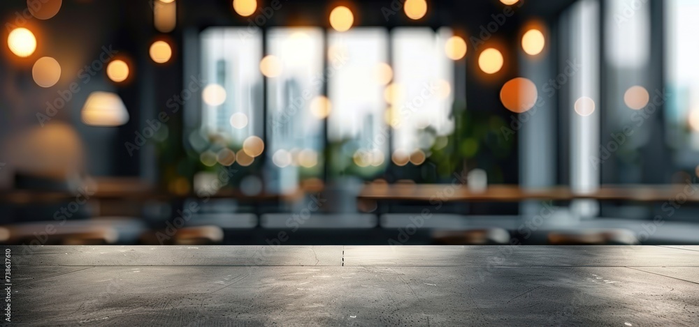 Poster empty wooden table in cafe setting ideal for product display featuring blurred bokeh background crea