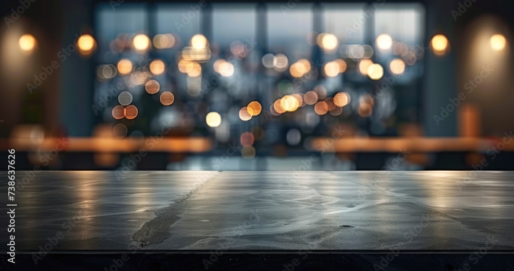 Poster empty wooden table in cafe setting ideal for product display featuring blurred bokeh background crea