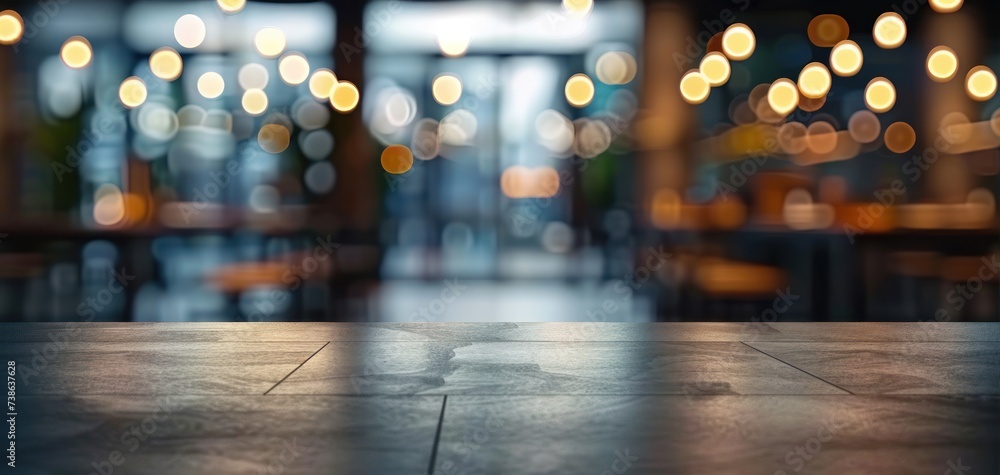 Poster empty wooden table in cafe setting ideal for product display featuring blurred bokeh background crea