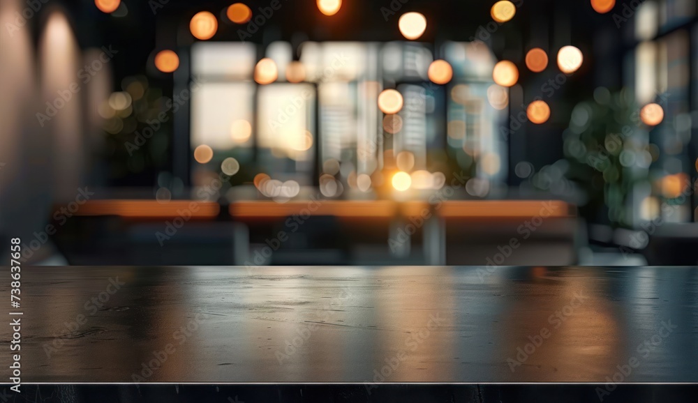 Poster empty wooden table in cafe setting ideal for product display featuring blurred bokeh background crea