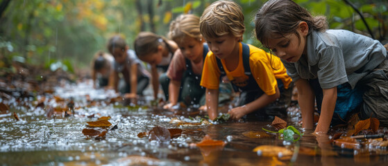 Children exploring a shallow stream in the forest, examining aquatic life. Environmental education and hands-on learning concept. Design for educational materials, nature exploration programs