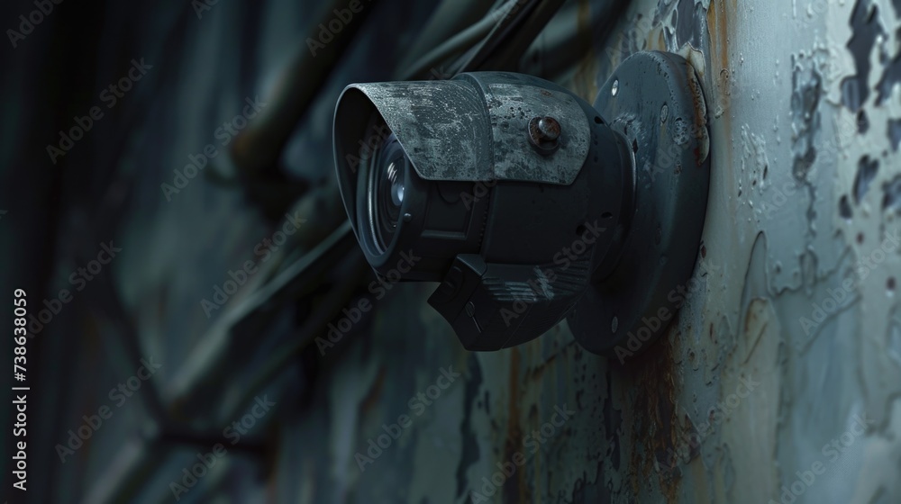 Poster a camera mounted on the side of a building. suitable for surveillance and security purposes