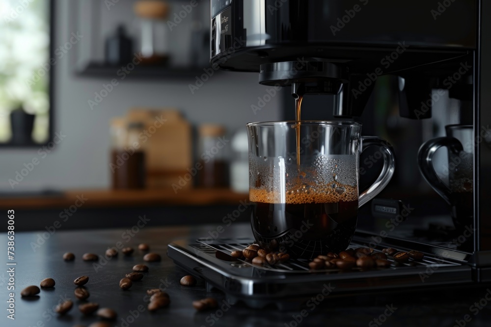Poster coffee being poured into a glass in a coffee machine. ideal for illustrating the process of making c