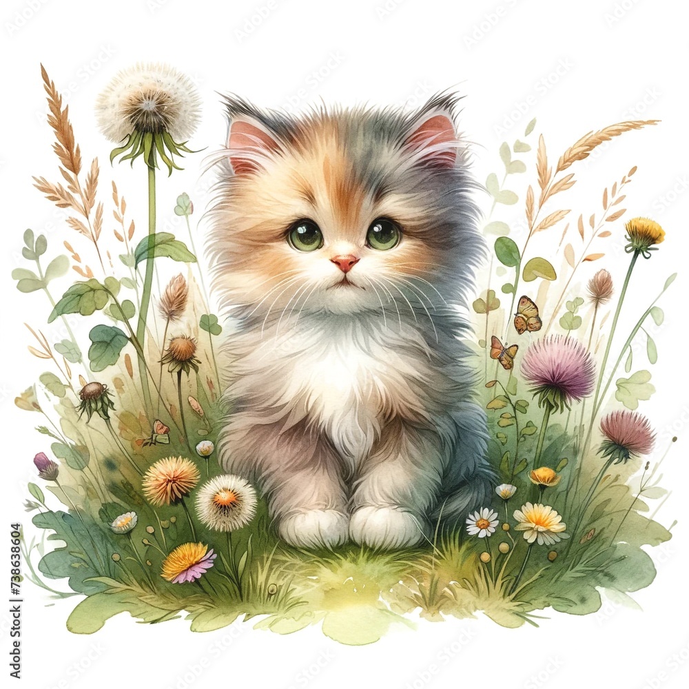 Poster whimsical kitten illustration created with generative ai technology