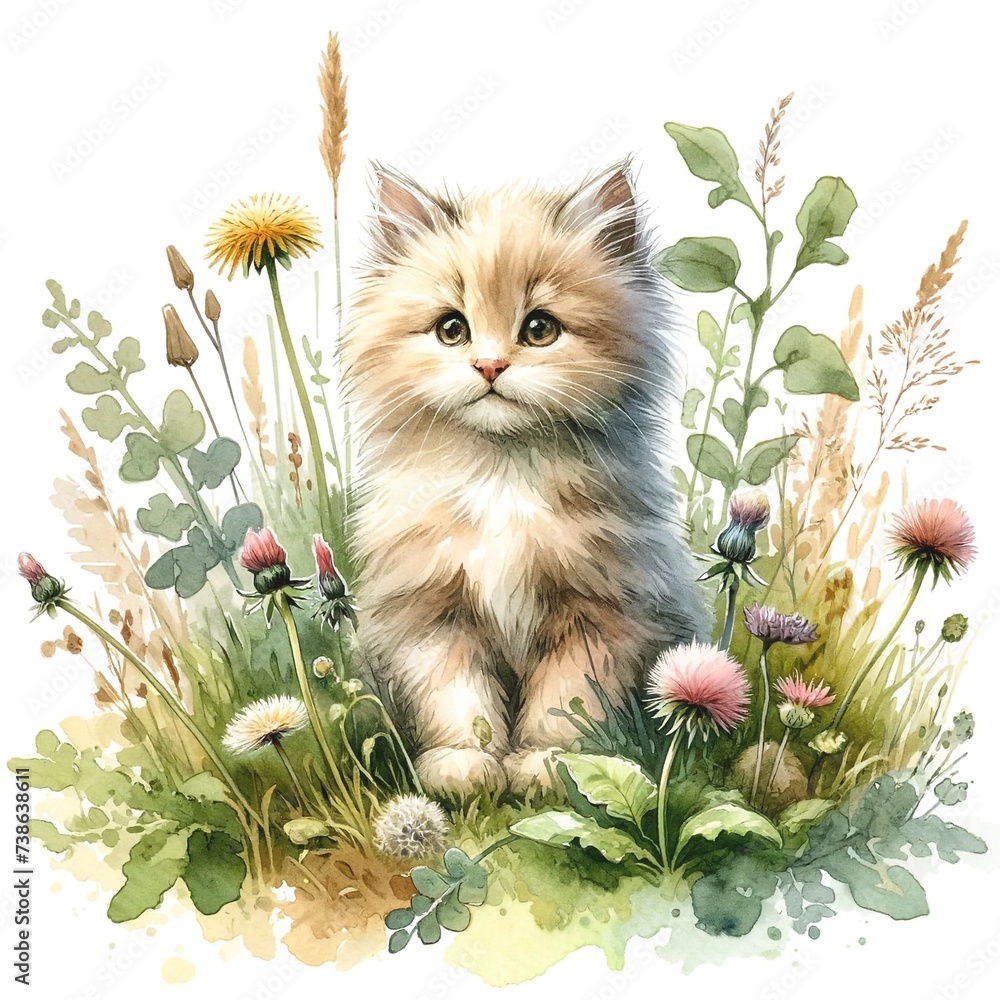 Poster whimsical kitten illustration created with generative ai technology