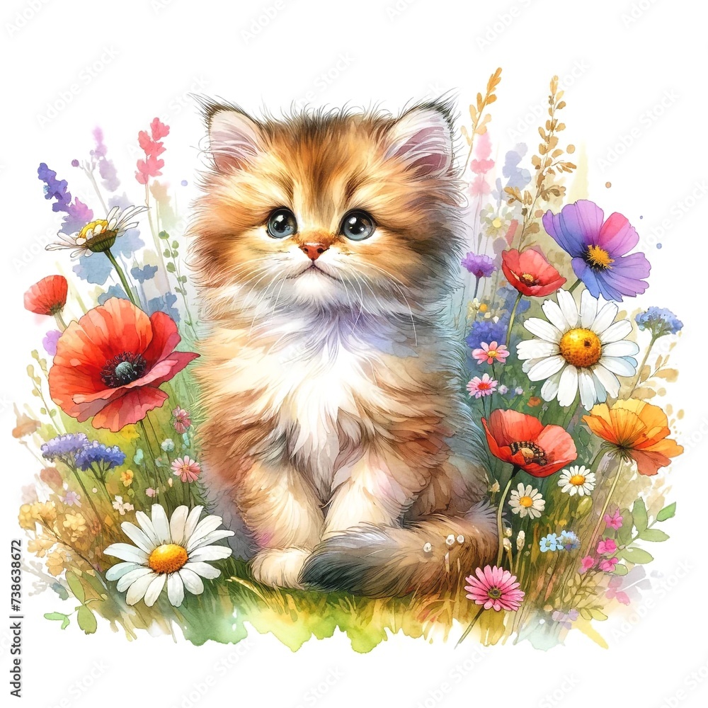 Poster whimsical kitten illustration created with generative ai technology