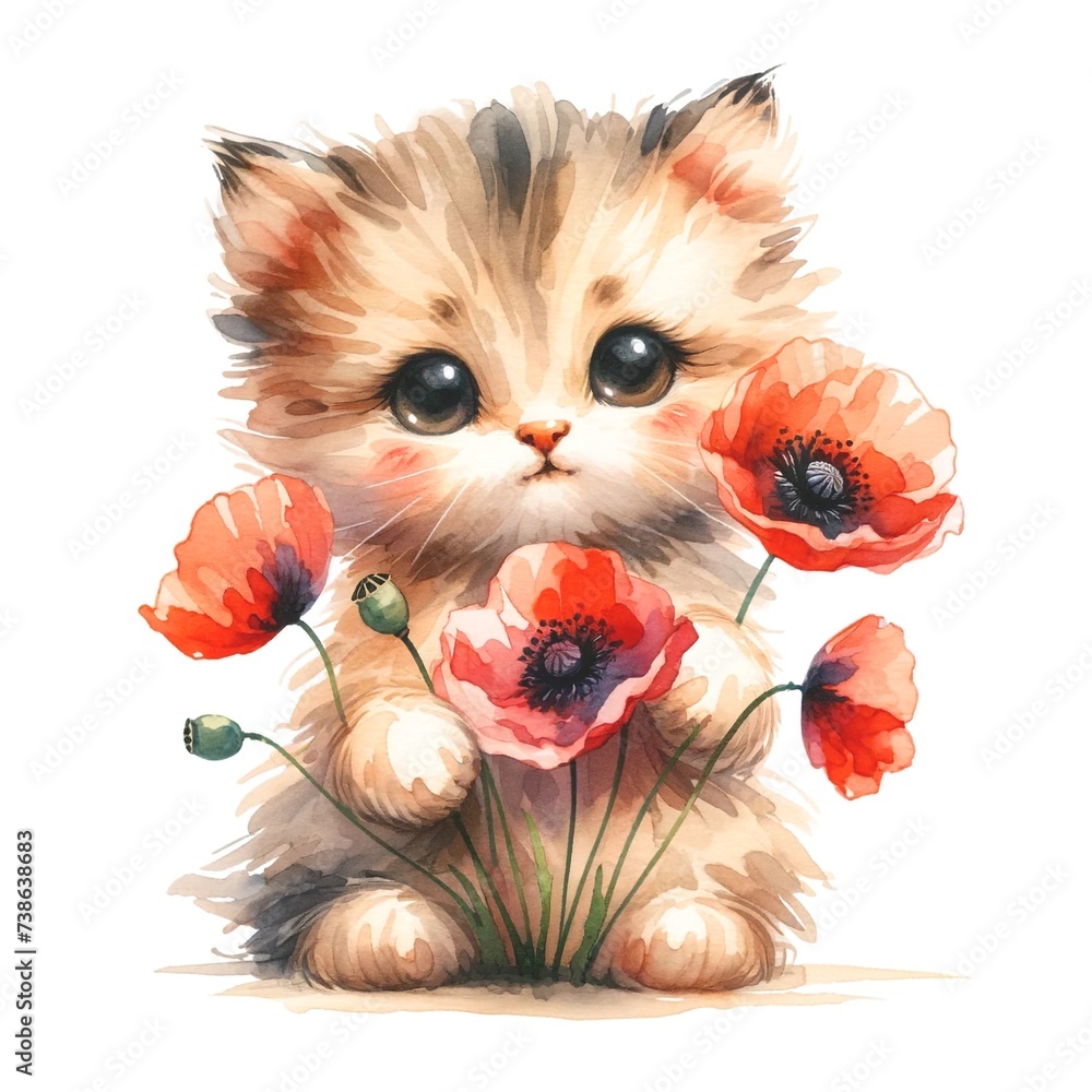 Aufkleber whimsical kitten illustration created with generative ai technology