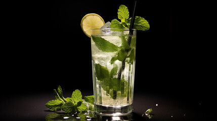 Mojito cocktail with straw on a dark black background