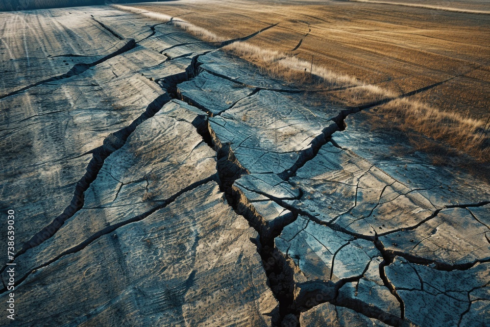Poster a large crack in the middle of a field. can be used to depict natural disasters or environmental iss