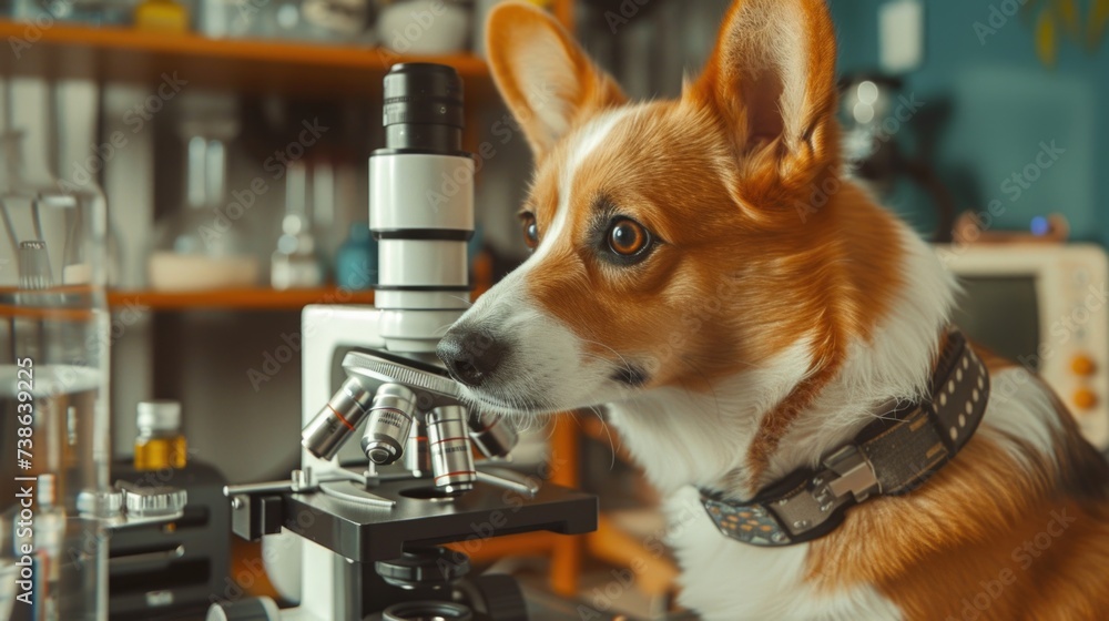 Poster a brown and white dog is seen looking through a microscope. this image can be used to represent curi