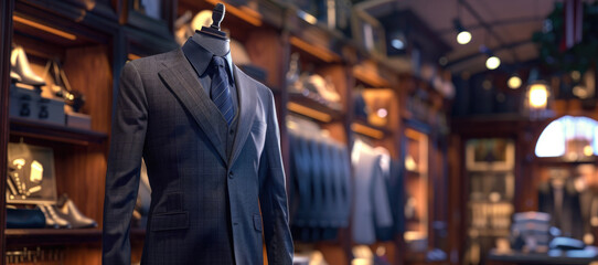 A mannequin wearing a suit and tie, displayed in a store. Perfect for showcasing men's fashion or for illustrating retail concepts