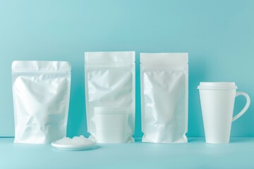 A group of white bags and a cup sitting on a table. Perfect for showcasing retail products or a coffee shop scene