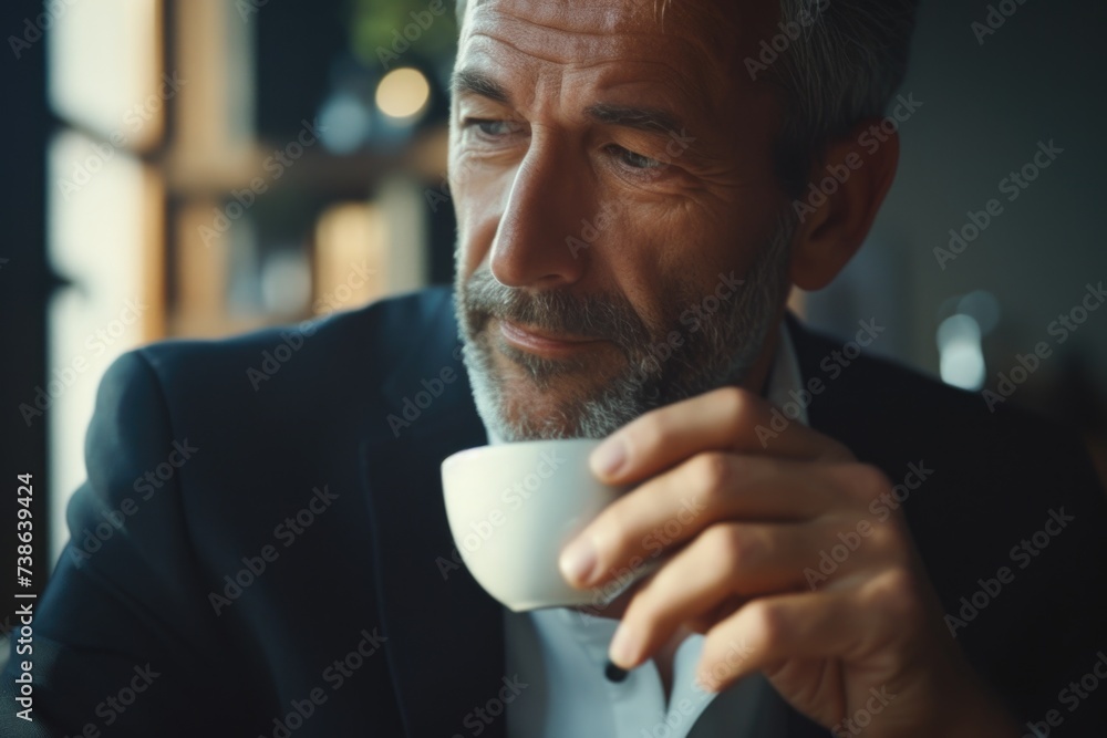 Poster a professional man in a suit savoring a cup of coffee during a break. suitable for business-related 