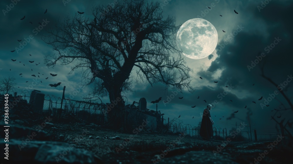 Poster A person standing in front of a tree under a full moon. Suitable for various uses