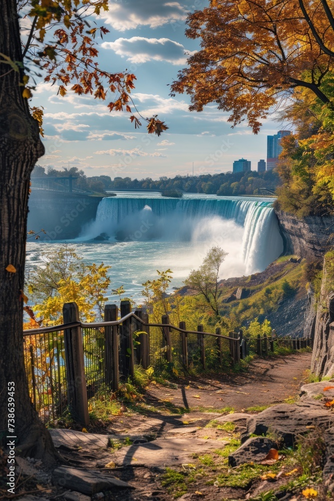 Poster a scenic view of a waterfall in the fall. perfect for nature enthusiasts and travel websites
