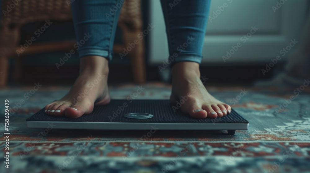 Poster A person standing on a scale placed on a rug. Suitable for health and fitness concepts