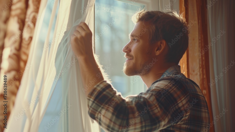 Poster a man is seen opening a window with a curtain. this image can be used to depict concepts such as fre