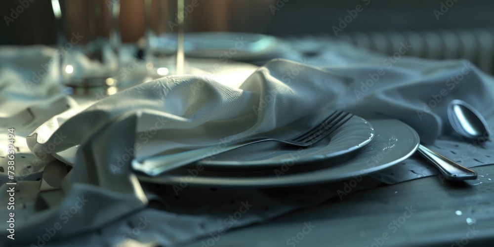 Poster A close-up view of a table setting with plates and silverware. Perfect for restaurant menus or event planning
