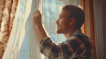 A man is seen opening a window with a curtain. This image can be used to depict concepts such as fresh air, ventilation, or the start of a new day - obrazy, fototapety, plakaty