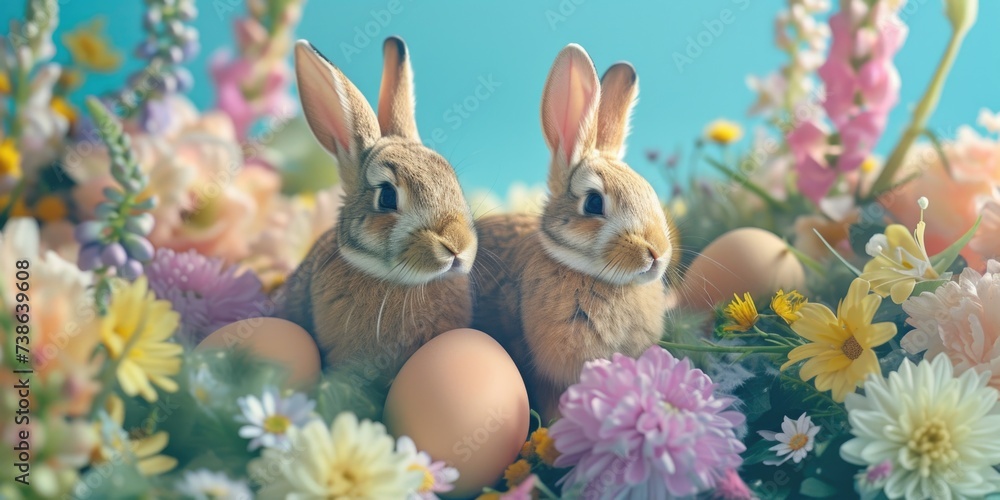 Poster two rabbits sitting next to each other in a field of flowers. suitable for nature or animal-themed p