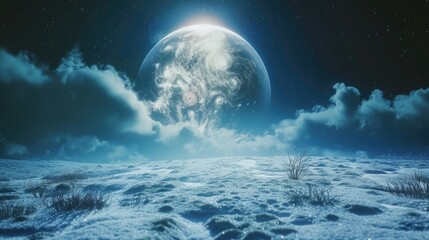 A stunning image of a full moon rising over a serene snowy field. Perfect for winter-themed projects or nature enthusiasts