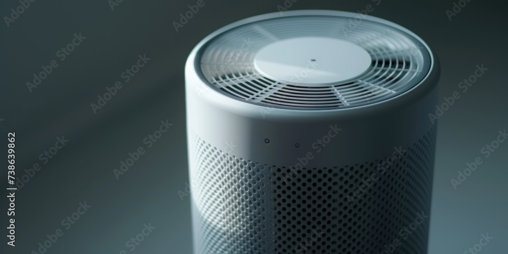 Poster a compact white air purifier placed on a table. suitable for improving air quality in various indoor
