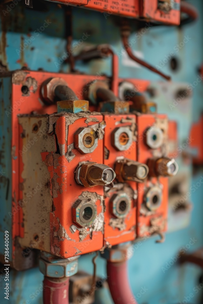 Aufkleber An up-close view of an old electrical panel. This image can be used to showcase outdated electrical systems or as a reference for electrical repairs and maintenance