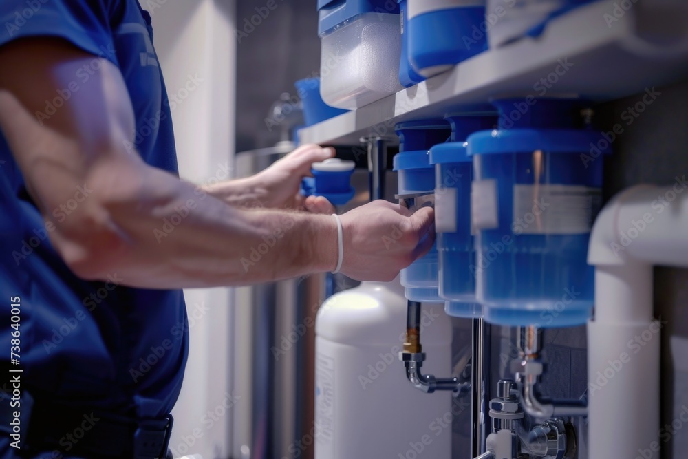 Poster a man in a blue shirt standing next to a shelf filled with bottles. can be used to showcase a variet