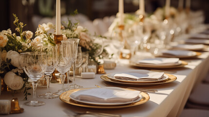 Zastawa stołowa na przyjęciu weselnym - dekoracja stołu weselnego w ogrodzie przez florystę i dekoratora. Piękne bukiety kwiatów na stoliku	 - obrazy, fototapety, plakaty