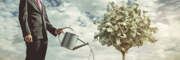 Businessman in suit watering a tree made of money.