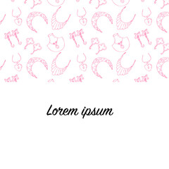 Outline pink background of sketches various female jewerly. Vector illustration isolated. Can used for banner, wrapping paper, cover design, beauty background. 