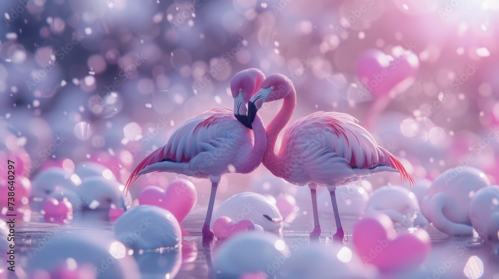 Aufkleber Two pink flamingos standing in a field of white balls. Perfect for adding a touch of whimsy to any project