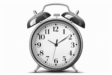 A silver alarm clock on a plain white background. Suitable for time management concepts or as a...