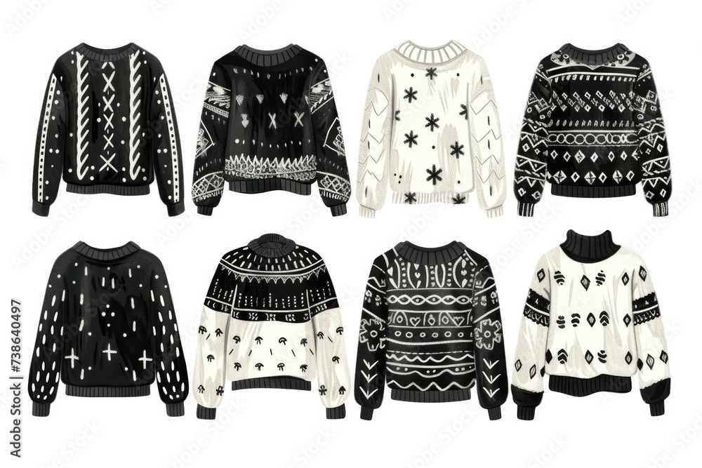 Poster A collection of sweaters featuring different designs. Perfect for adding a touch of style and individuality to any outfit.