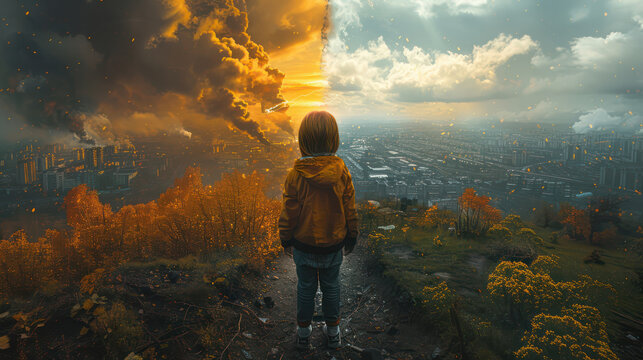 The picture is divided into two contrasting scenes. With children in the middle, on the one hand, a future affected by environmental pollution.