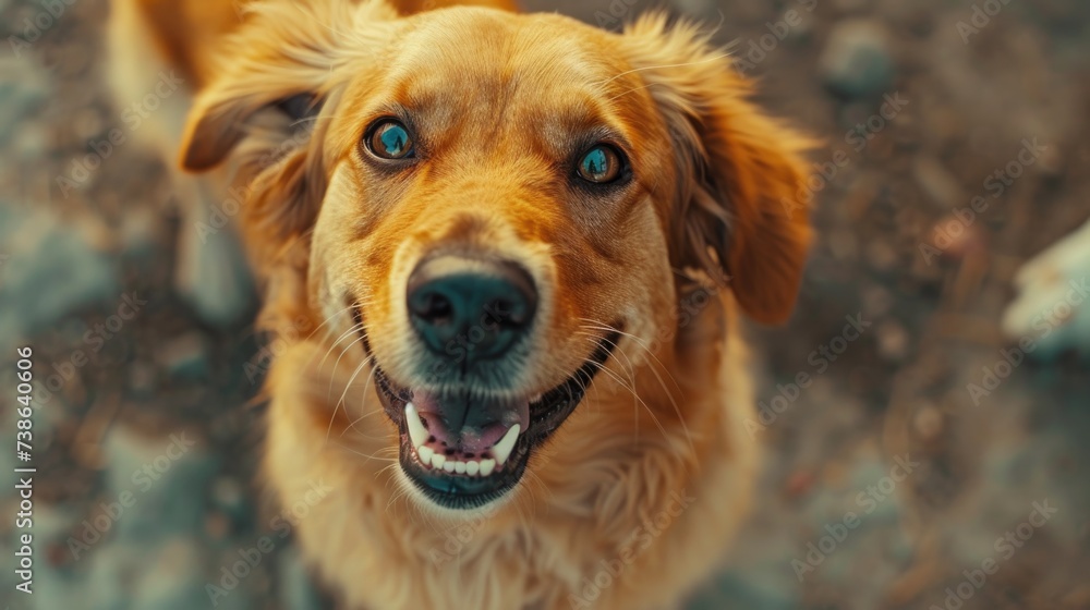 Poster a close-up photograph of a dog looking directly at the camera. this image can be used to capture the