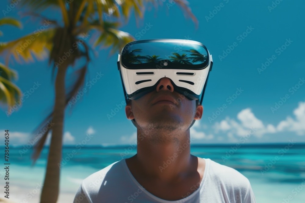 Poster a man is seen wearing a virtual reality headset while standing on the beach. this image can be used 