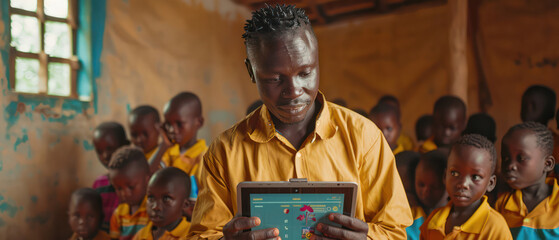 Volunteer teachers show children educational apps on their laptops. West Africa, summer, early morning, bright, hopeful classroom