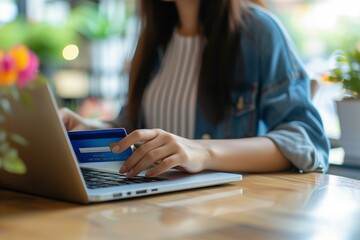A close-up of a woman making an online purchase, entering information on her laptop and paying with a credit card - obrazy, fototapety, plakaty