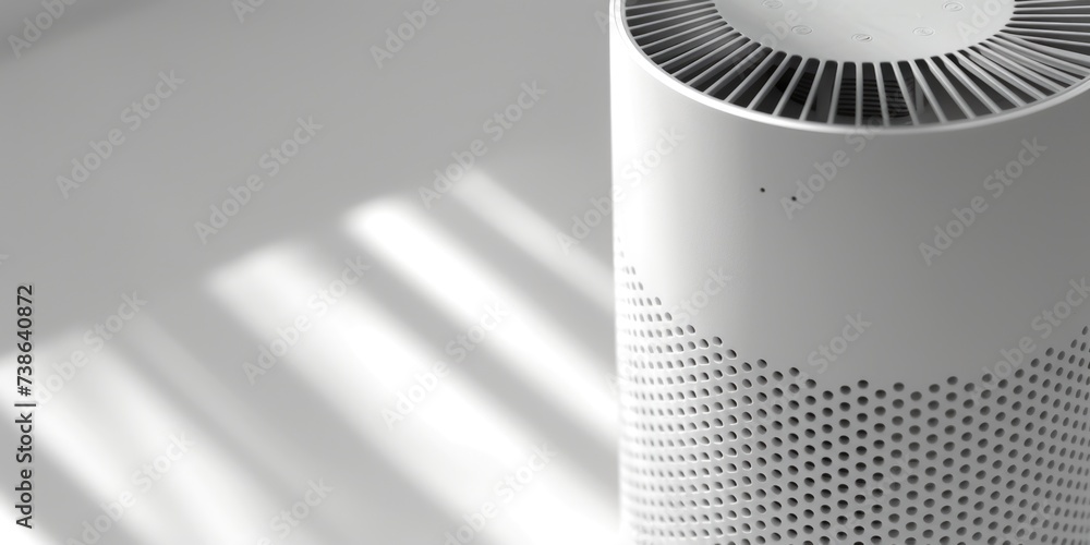 Poster a compact air purifier in white color placed on a table. suitable for home or office use