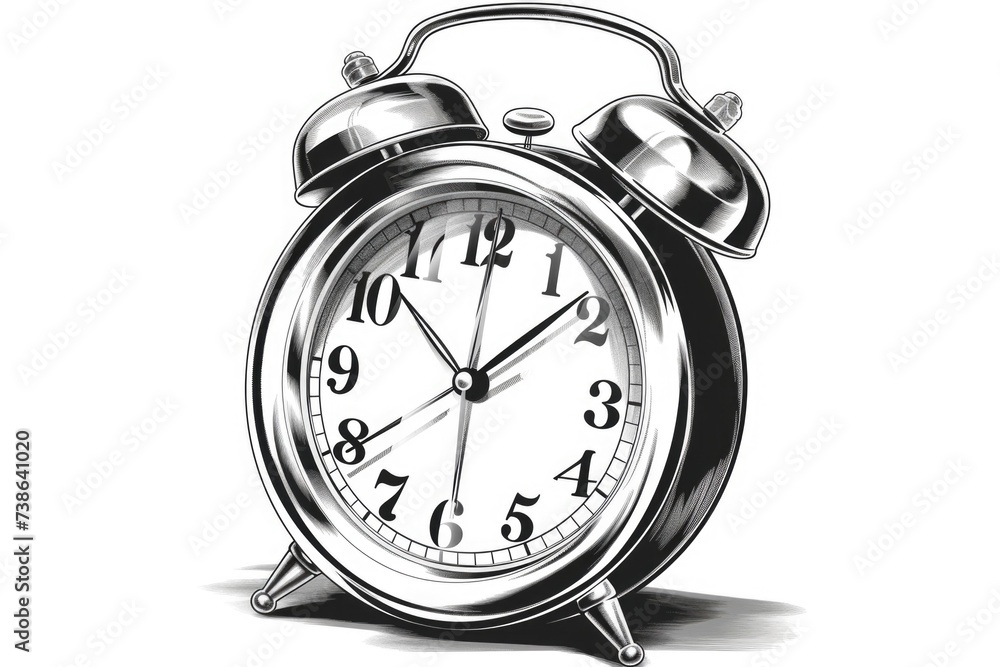 Poster a simple black and white drawing of an alarm clock. can be used for illustrating time management, wa